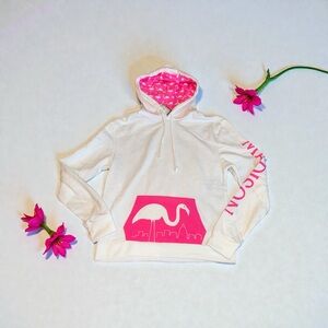 White Hoodie with Pink Flamingo Pattern Madison Wisconsin NEW Womens (M)